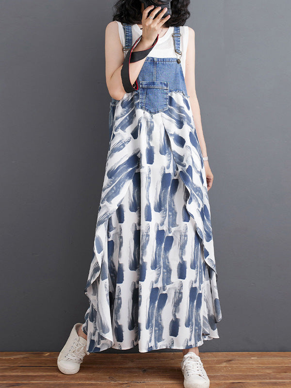 NOUVEAU RICHE Denim Patchwork Aquarell Maxi Overallkleid Mit Verstellbaren Schulterträgern Und Entspannter Passform Für Einen Vintage-Look