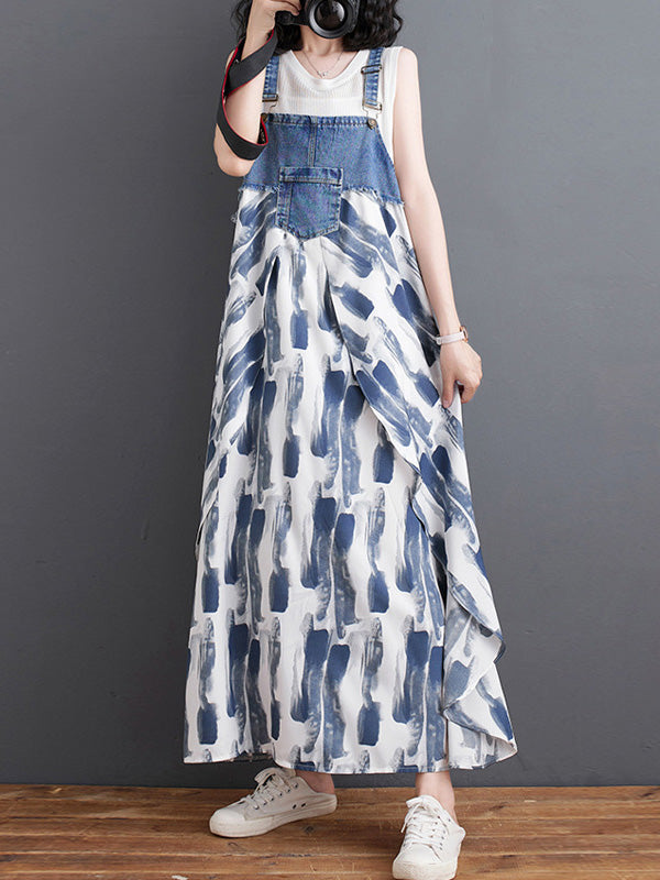 NOUVEAU RICHE Denim Patchwork Aquarell Maxi Overallkleid Mit Verstellbaren Schulterträgern Und Entspannter Passform Für Einen Vintage-Look