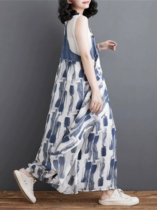 NOUVEAU RICHE Denim Patchwork Aquarell Maxi Overallkleid Mit Verstellbaren Schulterträgern Und Entspannter Passform Für Einen Vintage-Look