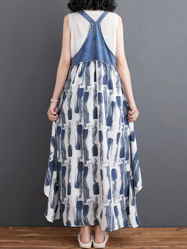 NOUVEAU RICHE Denim Patchwork Aquarell Maxi Overallkleid Mit Verstellbaren Schulterträgern Und Entspannter Passform Für Einen Vintage-Look