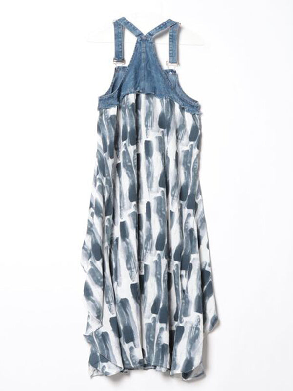 NOUVEAU RICHE Denim Patchwork Aquarell Maxi Overallkleid Mit Verstellbaren Schulterträgern Und Entspannter Passform Für Einen Vintage-Look