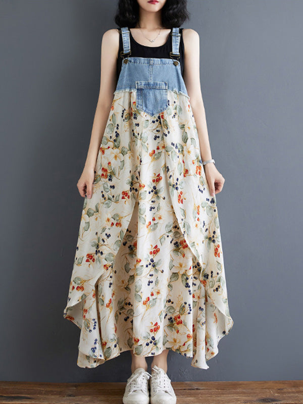 NOUVEAU RICHE Denim Patchwork Aquarell Maxi Overallkleid Mit Verstellbaren Schulterträgern Und Entspannter Passform Für Einen Vintage-Look Beige