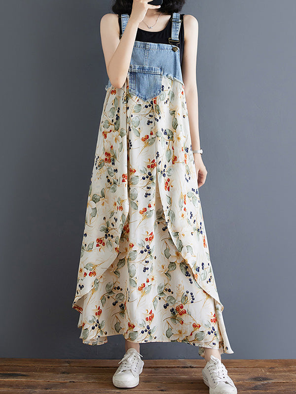 NOUVEAU RICHE Denim Patchwork Aquarell Maxi Overallkleid Mit Verstellbaren Schulterträgern Und Entspannter Passform Für Einen Vintage-Look