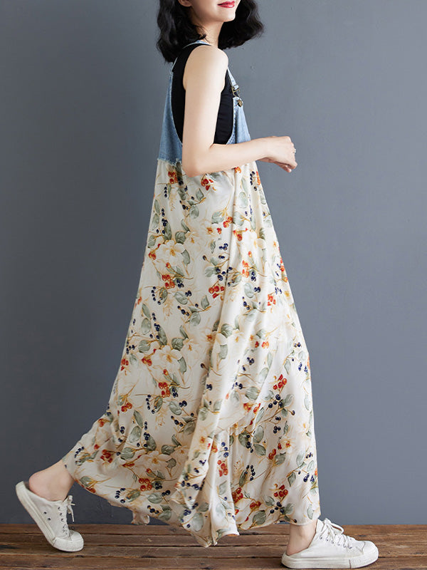 NOUVEAU RICHE Denim Patchwork Aquarell Maxi Overallkleid Mit Verstellbaren Schulterträgern Und Entspannter Passform Für Einen Vintage-Look