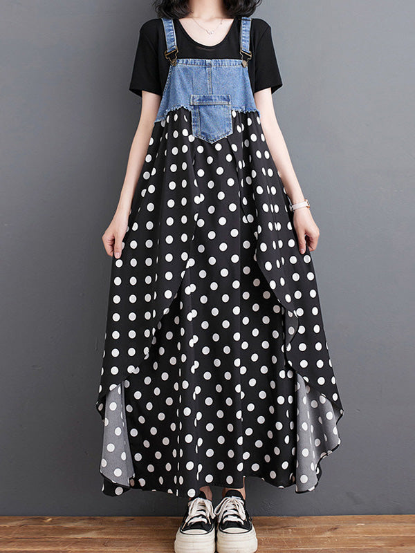 NOUVEAU RICHE Denim Patchwork Aquarell Maxi Overallkleid Mit Verstellbaren Schulterträgern Und Entspannter Passform Für Einen Vintage-Look Schwarz