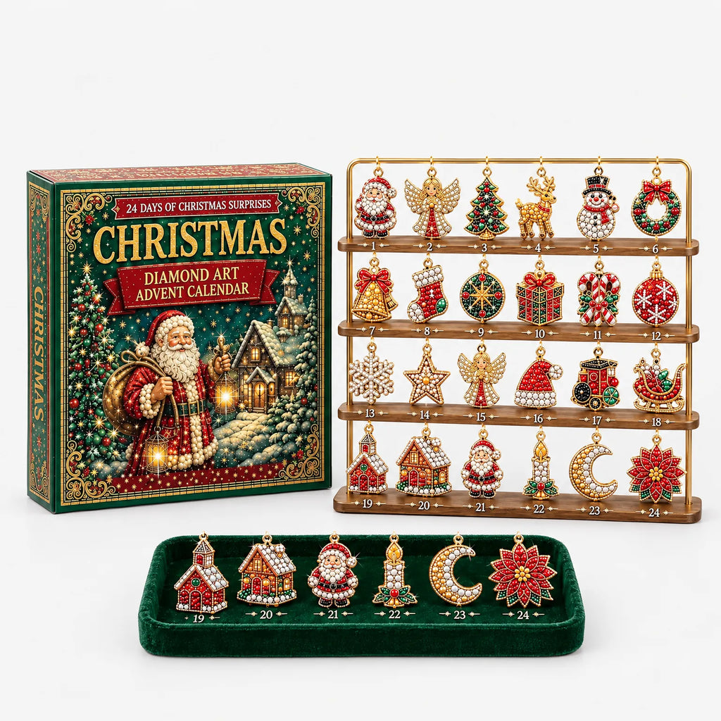 Calendar de Advent cu pictură cu diamante – 24 de ornamente DIY de Crăciun cu artă cu diamante și suport pentru agățare, 26 x 18 x 3 cm