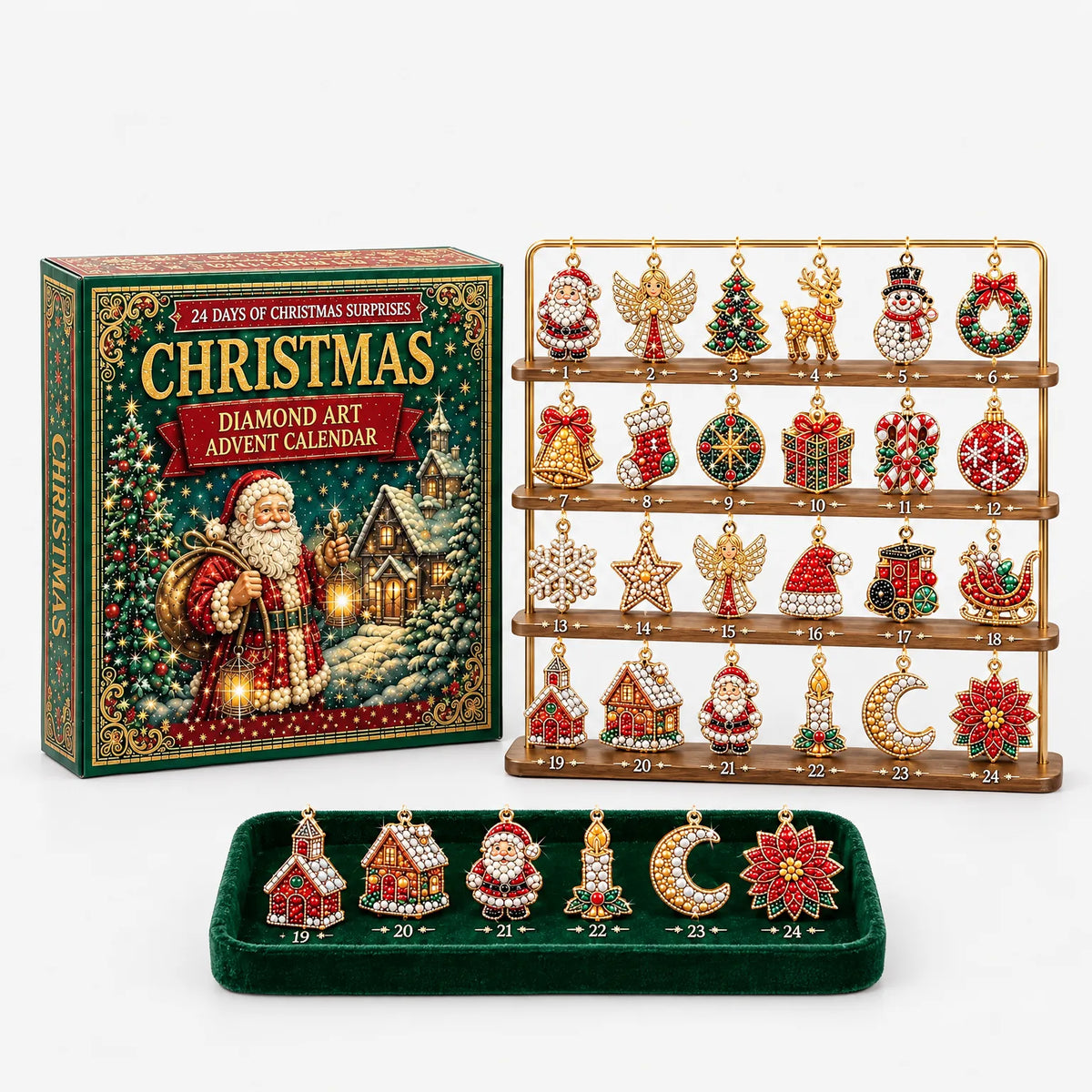 Calendar de Advent cu pictură cu diamante – 24 de ornamente DIY de Crăciun cu artă cu diamante și suport pentru agățare, 26 x 18 x 3 cm