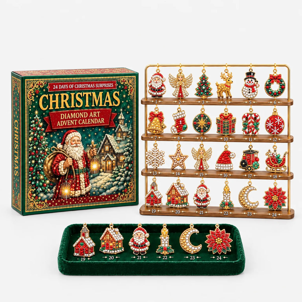 Calendar de Advent cu pictură cu diamante – 24 de ornamente DIY de Crăciun cu artă cu diamante și suport pentru agățare, 26 x 18 x 3 cm