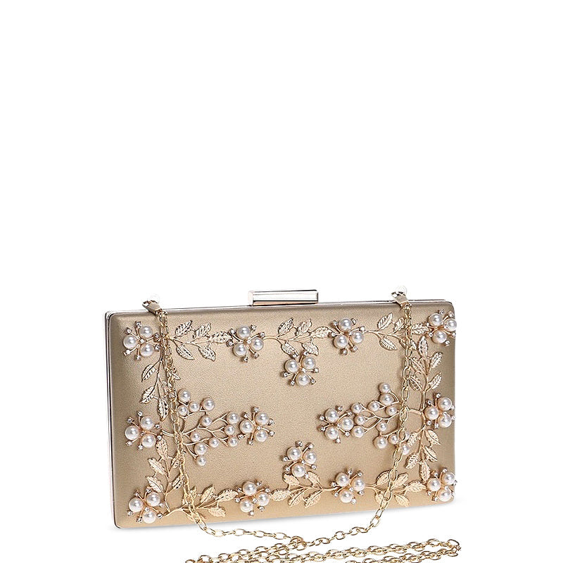 NOUVEAU RICHE Vegan Leder Clutch Tasche Mit Goldfarbenen Metallteilen Weiches Innenfutter Stilvolle Abendtasche Für Frauen 21 cm X 16 cm Gold