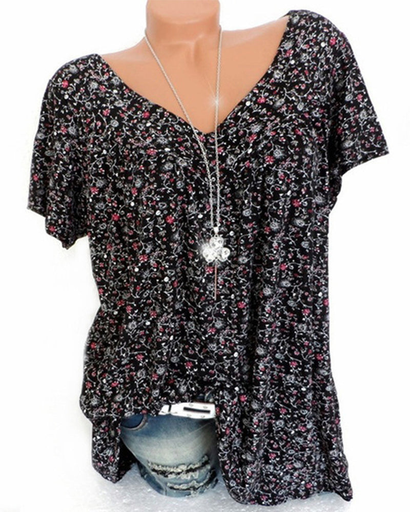 NOUVEAU RICHE Mechi | Damen Bluse – Floraler Print, Eleganter V-Ausschnitt & Kurze Ärmel Schwarz