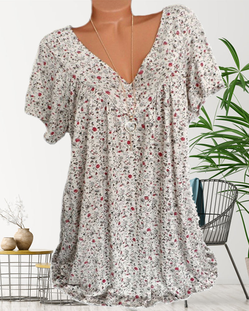 NOUVEAU RICHE Mechi | Damen Bluse – Floraler Print, Eleganter V-Ausschnitt & Kurze Ärmel Beige