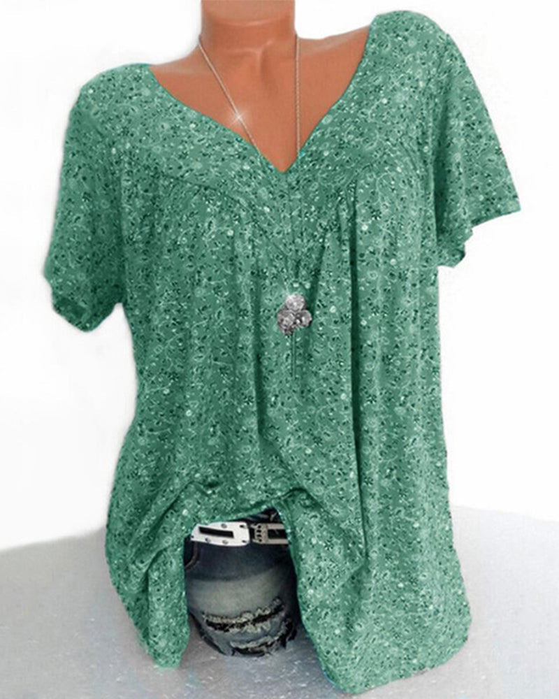 NOUVEAU RICHE Mechi | Damen Bluse – Floraler Print, Eleganter V-Ausschnitt & Kurze Ärmel Grün