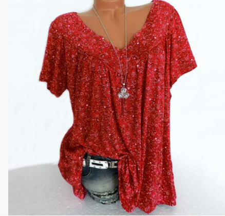 NOUVEAU RICHE Mechi | Damen Bluse – Floraler Print, Eleganter V-Ausschnitt & Kurze Ärmel Weinrot