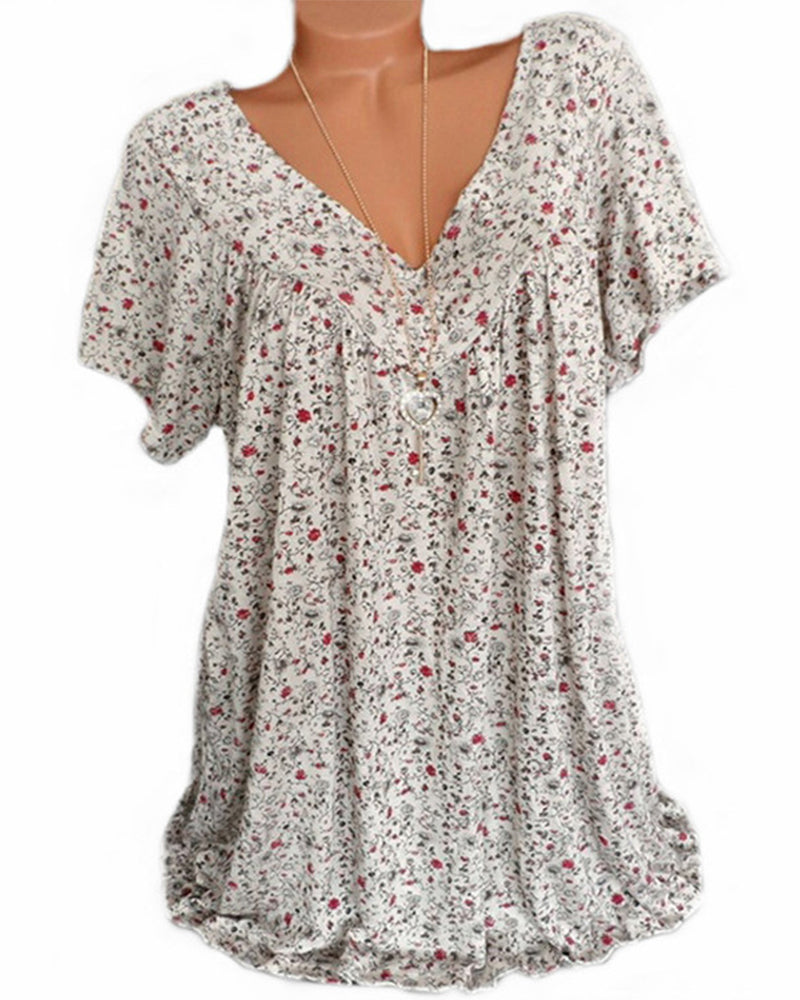 NOUVEAU RICHE Mechi | Damen Bluse – Floraler Print, Eleganter V-Ausschnitt & Kurze Ärmel