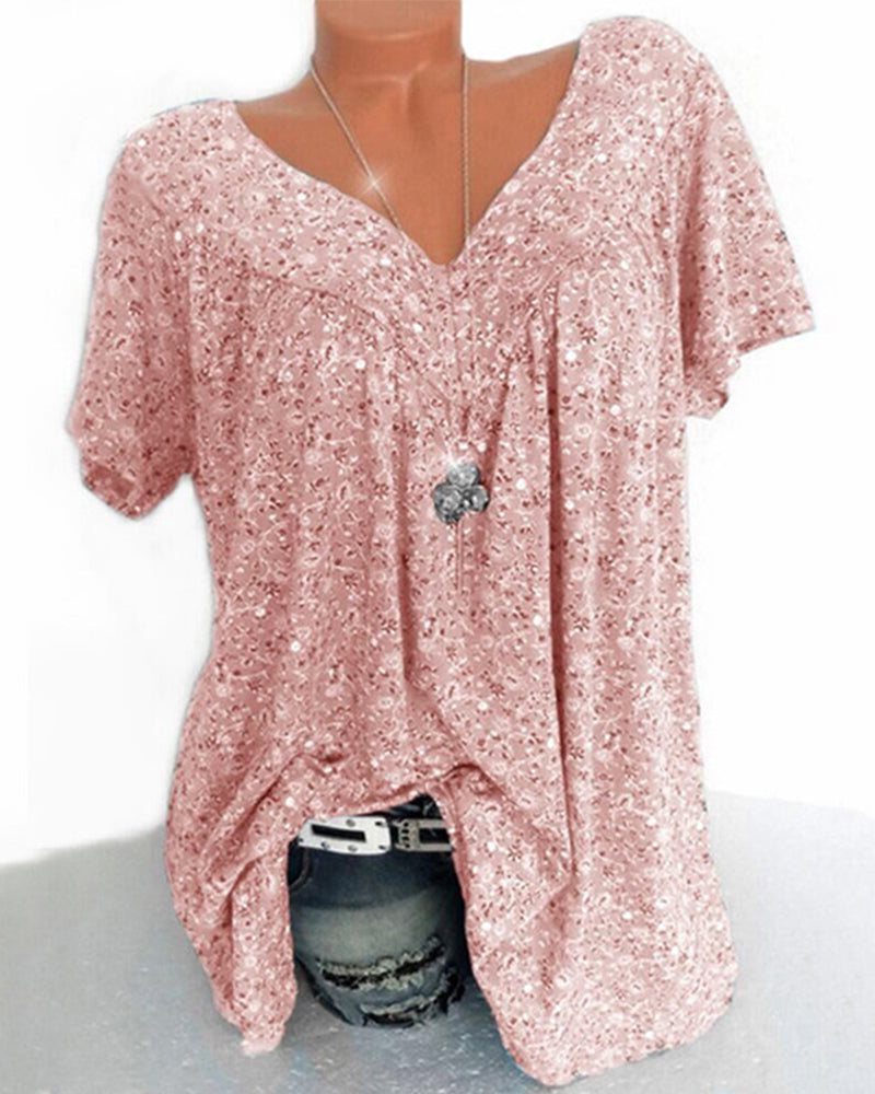 NOUVEAU RICHE Mechi | Damen Bluse – Floraler Print, Eleganter V-Ausschnitt & Kurze Ärmel Rosa