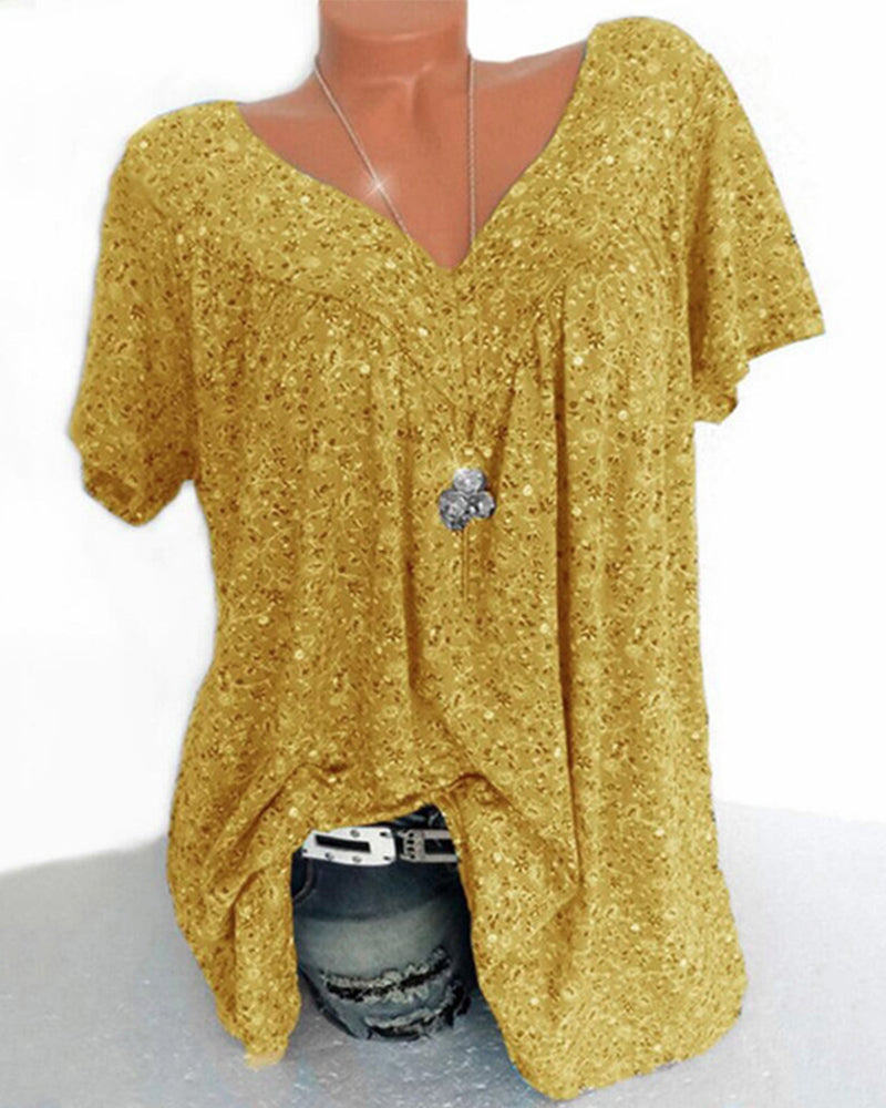 NOUVEAU RICHE Mechi | Damen Bluse – Floraler Print, Eleganter V-Ausschnitt & Kurze Ärmel Gelb