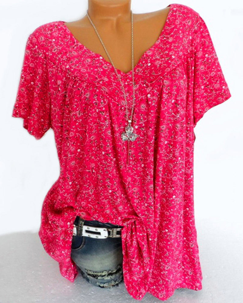 NOUVEAU RICHE Mechi | Damen Bluse – Floraler Print, Eleganter V-Ausschnitt & Kurze Ärmel Rot