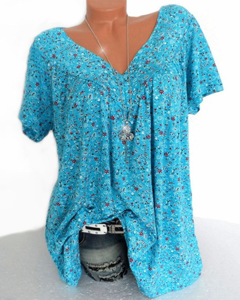NOUVEAU RICHE Mechi | Damen Bluse – Floraler Print, Eleganter V-Ausschnitt & Kurze Ärmel Blau