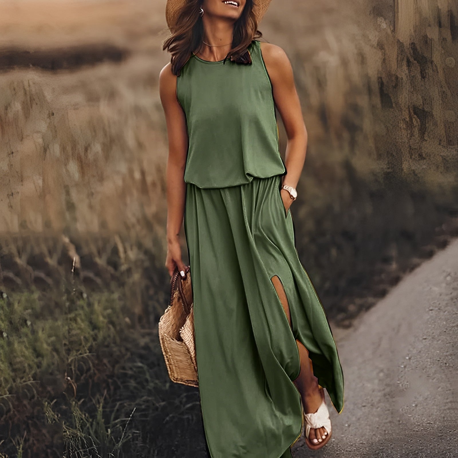NOUVEAU RICHE Maxikleid Damen Boho Weiß Ohne Ärmel Schlitz Sommer Strand Dunkelgrün