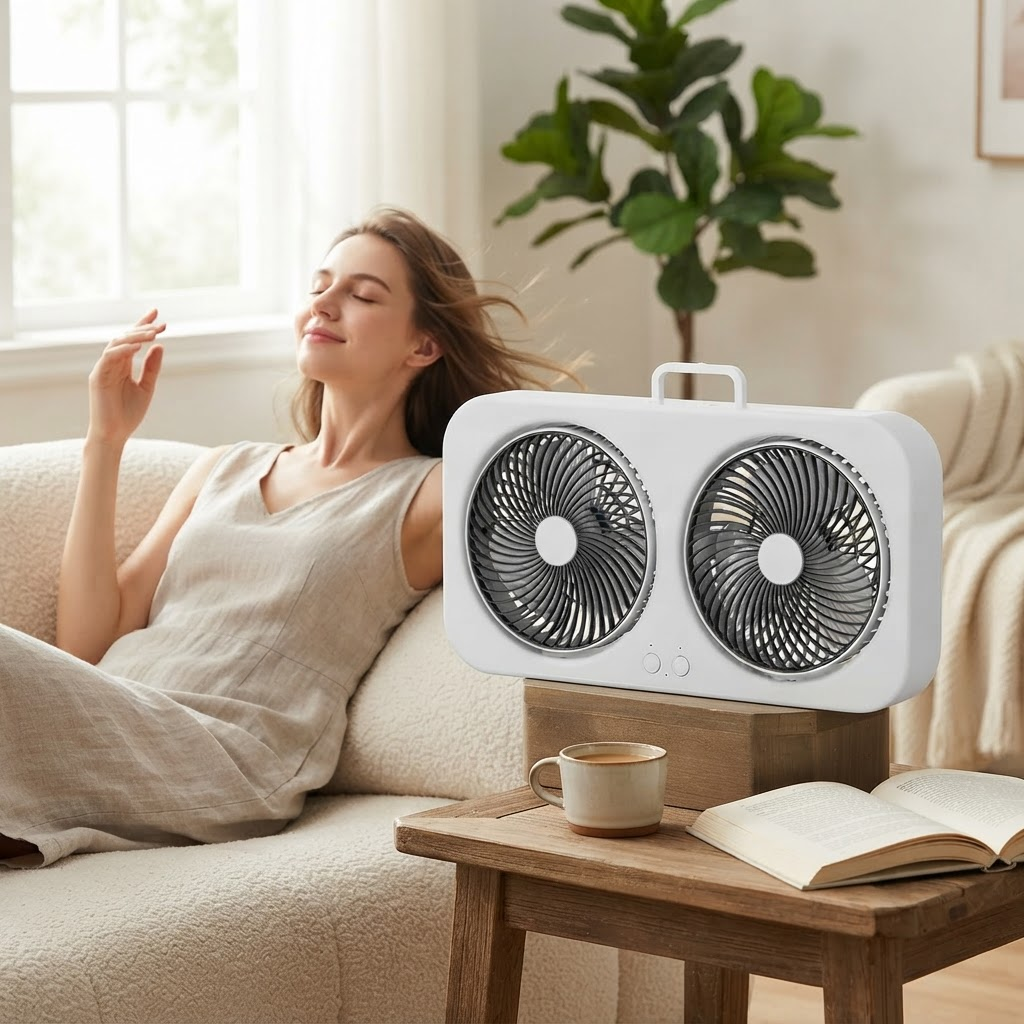 Doppelkopf-USB-Ventilator – 360°-Drehung dank zweier Motoren, starker und leiser Luftstrom, wiederaufladbar über USB-C für Zuhause und draußen 2