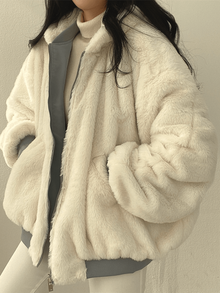 NOUVEAU RICHE Doppelseitiger Damenmantel Warm Oversized Streetwear Jacke Beige