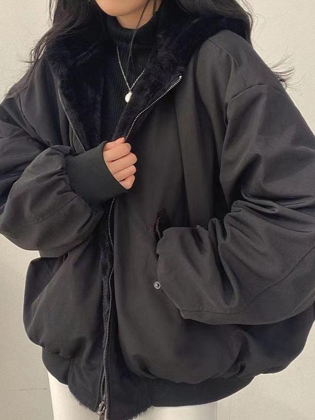 NOUVEAU RICHE Doppelseitiger Damenmantel Warm Oversized Streetwear Jacke Schwarz