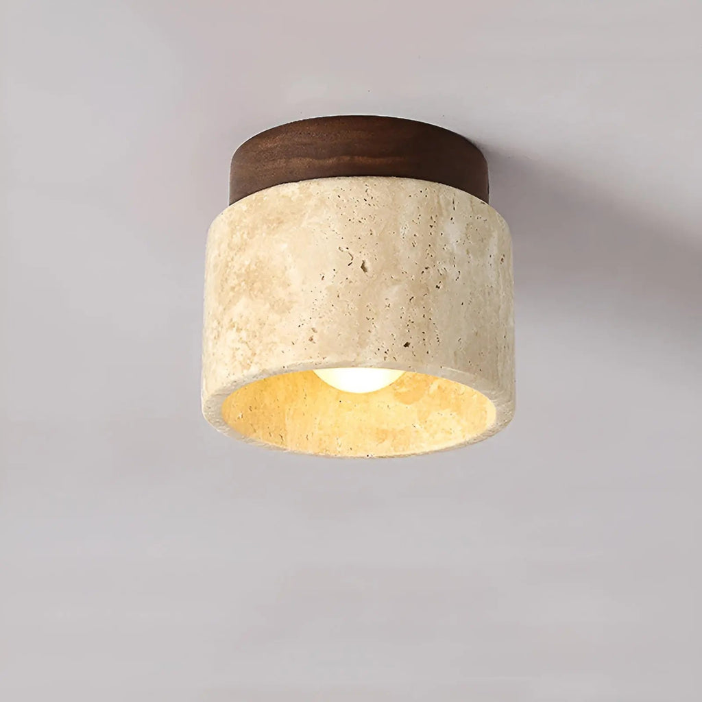 NOUVEAU RICHE Rustikale Travertin-Deckenleuchte – Wabi-Sabi Deckenlampe aus Stein & Holz, Japandi Leuchte, Walnuss oder Holz – TravaGlow