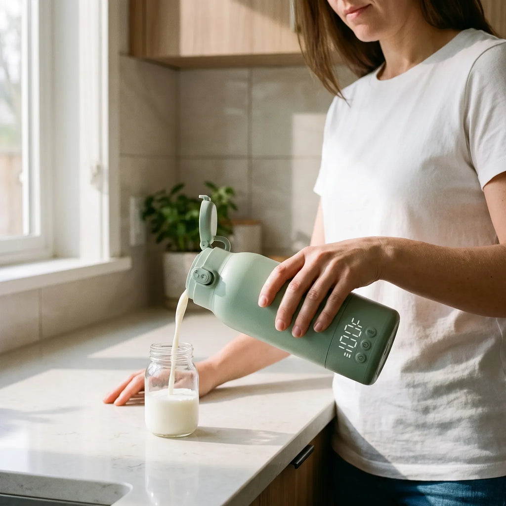 NOUVEAU RICHE Tragbarer selbstheizender Reisebecher 500 ml – Thermobecher mit Akku & Digitalanzeige, Edelstahl – für Kaffee, Tee & Milch unterwegs