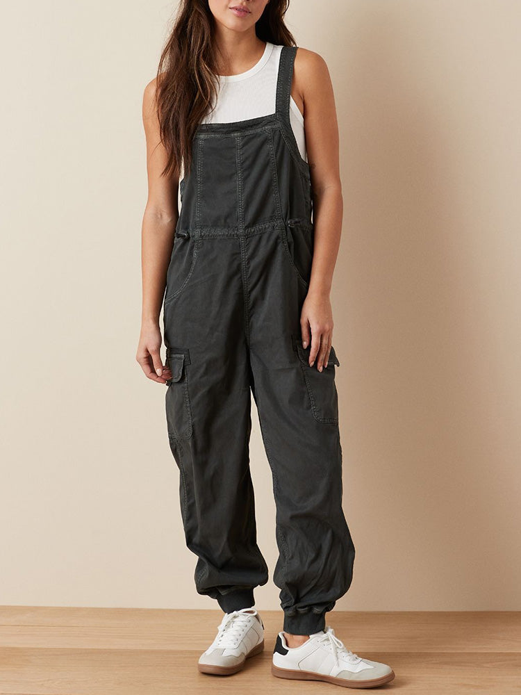 NOUVEAU RICHE Drapierter Baggy-Cargo-Overall für Damen mit Quadratischem Hals und Cargotaschen aus 100 Prozent Baumwolle im Vintage-Stil Schwarz