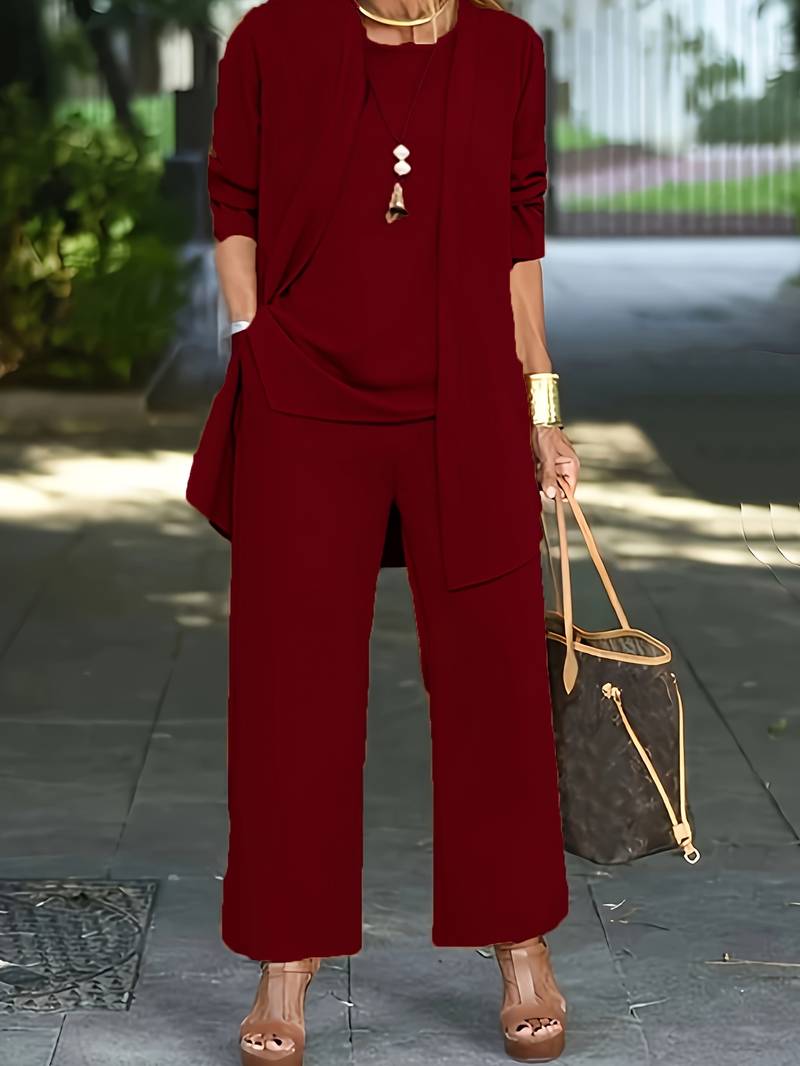 NOUVEAU RICHE Dreiteiliges Damenoutfit Cardigan Top Weite Hose Bequem Burgundisch