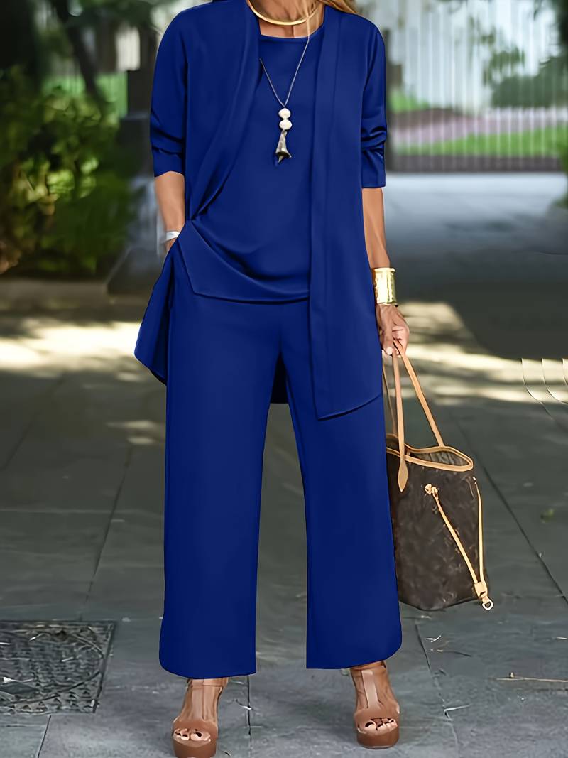 NOUVEAU RICHE Dreiteiliges Damenoutfit Cardigan Top Weite Hose Bequem Blau
