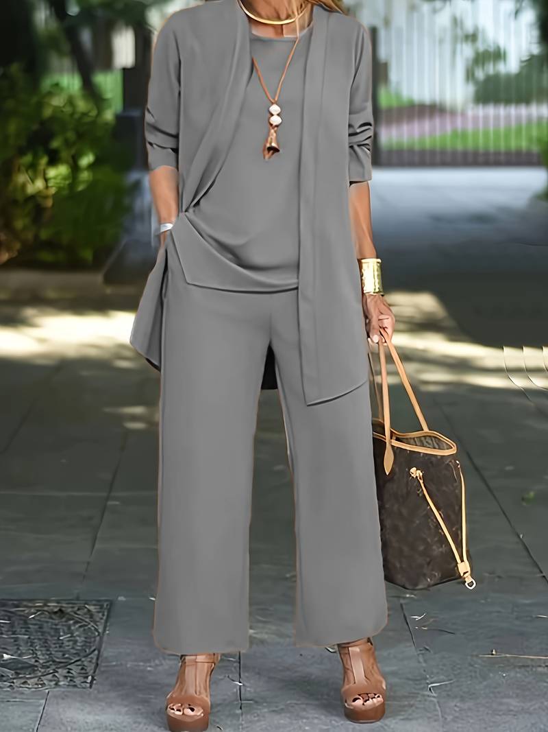 NOUVEAU RICHE Dreiteiliges Damenoutfit Cardigan Top Weite Hose Bequem Grau