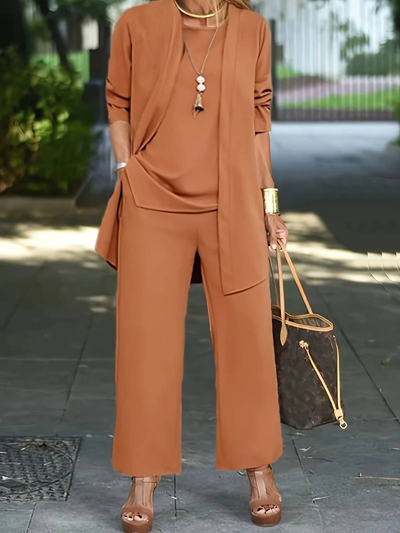 NOUVEAU RICHE Dreiteiliges Damenoutfit Cardigan Top Weite Hose Bequem Karamell