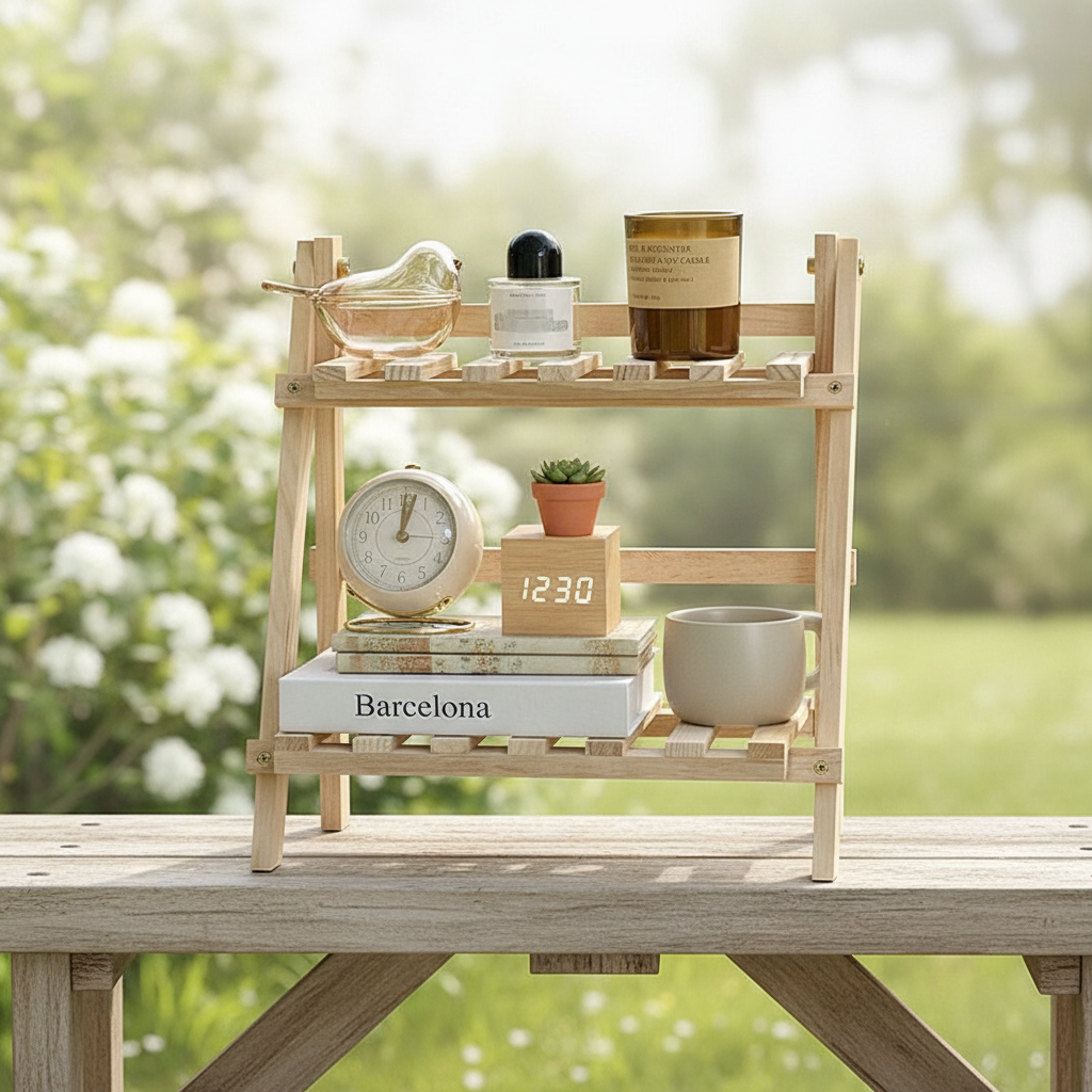 NOUVEAU RICHE Schreibtisch-Organizer aus Holz – Tischregal mit 2 Ablagen für Bücher, Kosmetik & Büromaterial, Weiss oder Holz – ClutterBuster