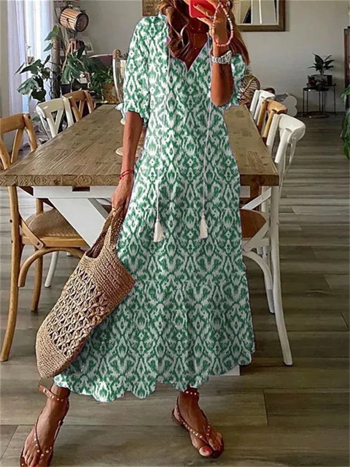 NOUVEAU RICHE Vyssion | Elegante Maxikleid mit V-Ausschnitt und Blumenmuster Grün