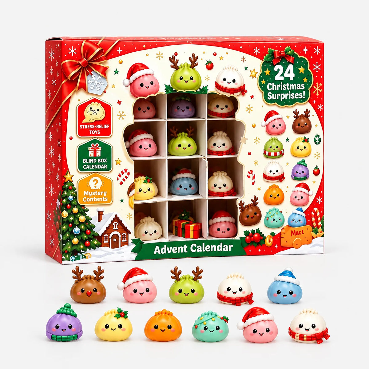 Adventní kalendář s knedlíčky – 24 figurek v neprůhledných krabičkách se zimními motivy, ohebné sběratelské figurky, vánoční kalendář pro teenagery a dospělé