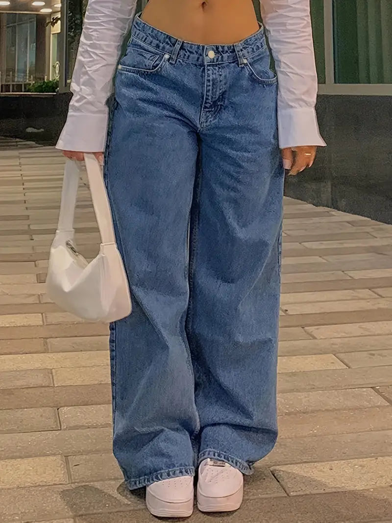NOUVEAU RICHE Dunkelblaue 90er Jahre Baggy Boyfriend Jeans Niedrige Taille