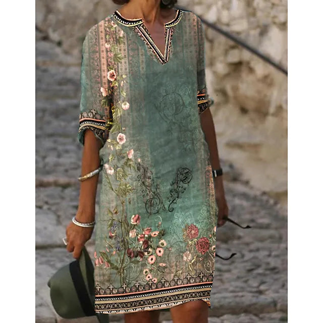NOUVEAU RICHE Soris | Damen Kurzarm V-Ausschnitt Blumen Sommerkleid | Midi Grün