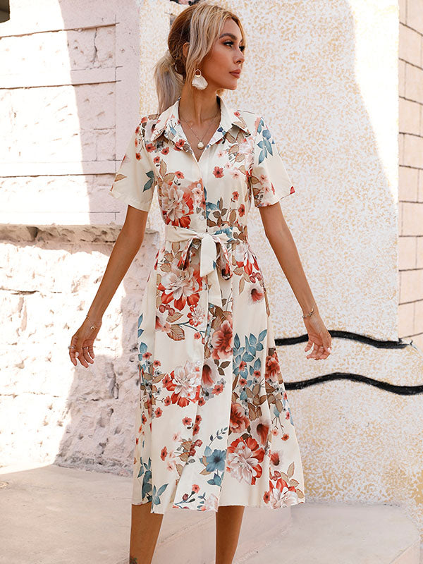 NOUVEAU RICHE Einreihiges Bedrucktes Kurzarmkleid Für Damen Leichtes Lässiges Kleid Ideal Für Frühling Sommer Und Herbst Alltag 100 Prozent Polyester