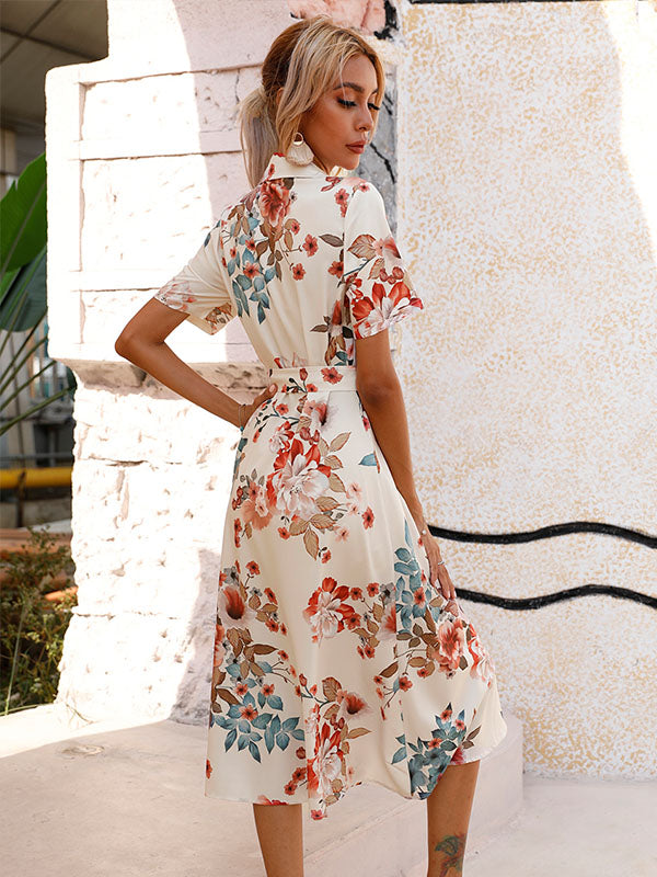 NOUVEAU RICHE Einreihiges Bedrucktes Kurzarmkleid Für Damen Leichtes Lässiges Kleid Ideal Für Frühling Sommer Und Herbst Alltag 100 Prozent Polyester