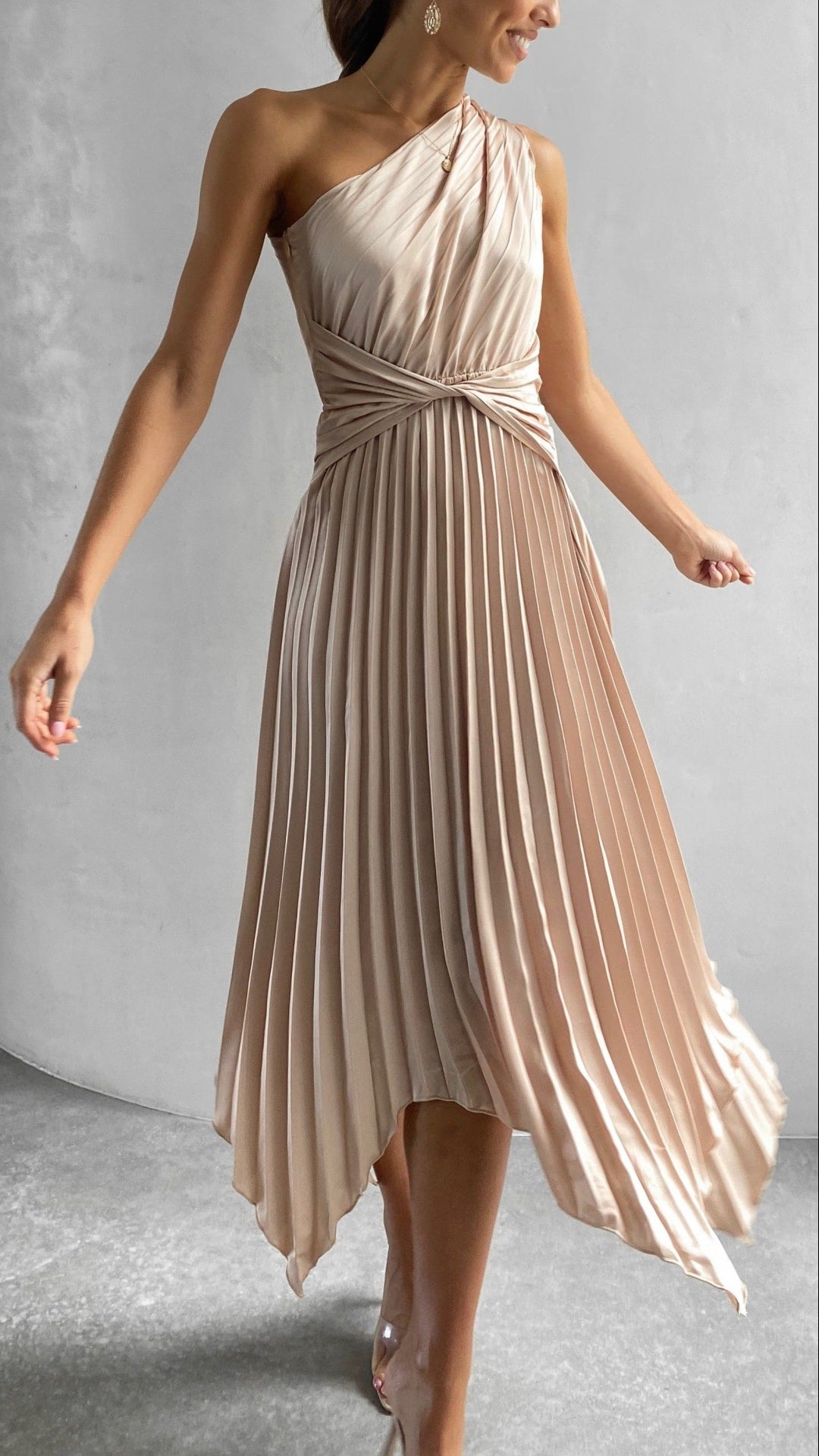 NOUVEAU RICHE Einschulter Midi Kleid Mit Falten Und Taillendesign Rock Hellrosa