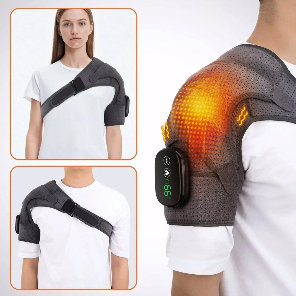 NOUVEAU RICHE Schultermassagegerät tragbar mit Wärme & Vibration – kabellos, 3 Stufen, LED-Touchdisplay, 5000 mAh – Nacken- & Schultermassage