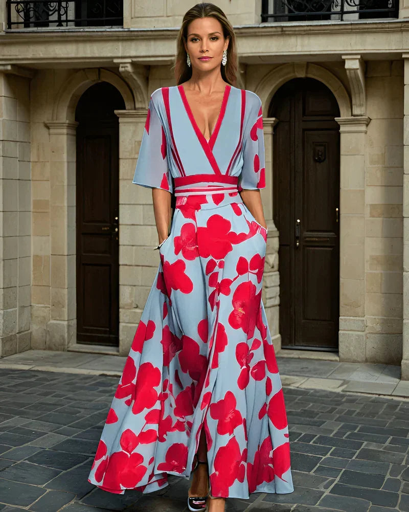 NOUVEAU RICHE Merch | Damen-Wickelkleid – Blumendetails & femininer Sitz Blau