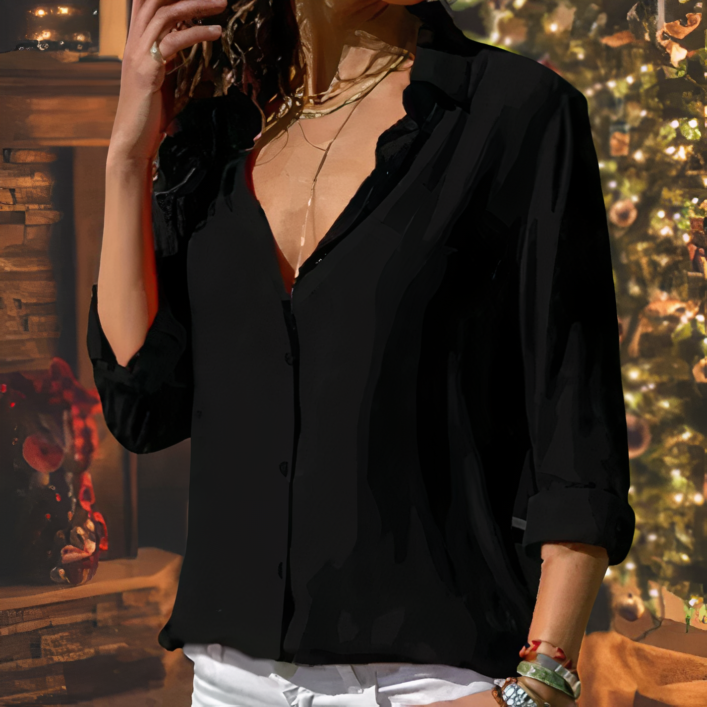 NOUVEAU RICHE Elegante Bluse Mit Langen Ärmeln Für Tag Und Nacht Schwarz