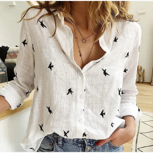 NOUVEAU RICHE Elegante Damenbluse Mit Klassischem Kragen Baumwolle Leinen Weiß Vogel