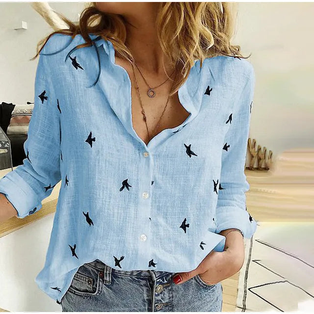 NOUVEAU RICHE Elegante Damenbluse Mit Klassischem Kragen Baumwolle Leinen Blau Vogel