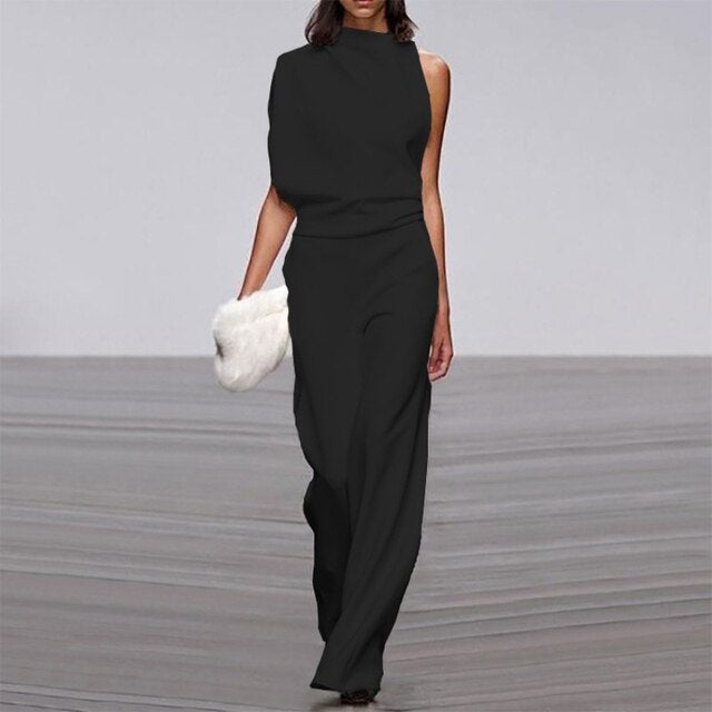 NOUVEAU RICHE Jumpsuit Ärmloser Stil Lockere Passform Weite Hose Schwarz