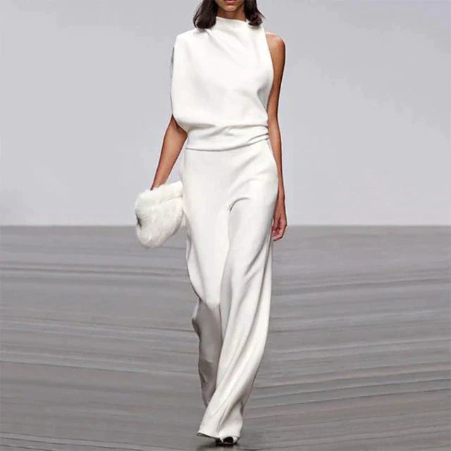 NOUVEAU RICHE Jumpsuit Ärmloser Stil Lockere Passform Weite Hose Weiß
