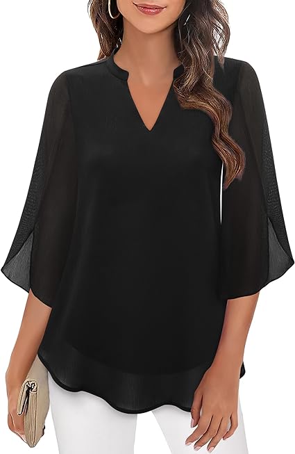 NOUVEAU RICHE Bluse Dreiviertel Ärmel Fließender Stoff Formeller Stil Schwarz