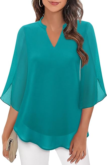 NOUVEAU RICHE Bluse Dreiviertel Ärmel Fließender Stoff Formeller Stil Blaugrün